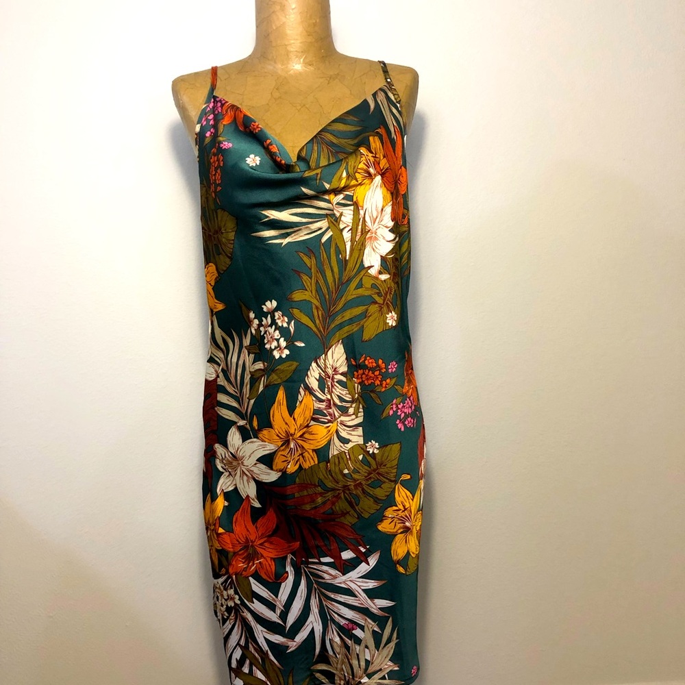 Hawaiian Print Dress w/Draped Neckline